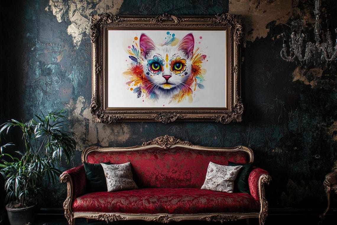 Vibrant Sugar Skull Cat Face Watercolor Splash Colorful Poster