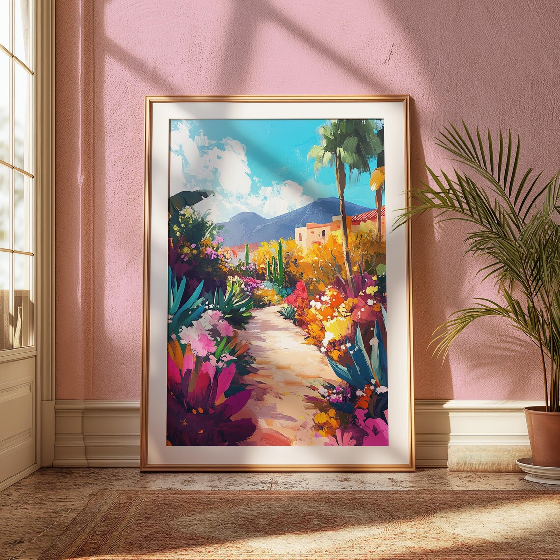 Tropical Hacienda Garden Path Palm Trees Agave Pink Blooms Mountain View Poster - Image 2