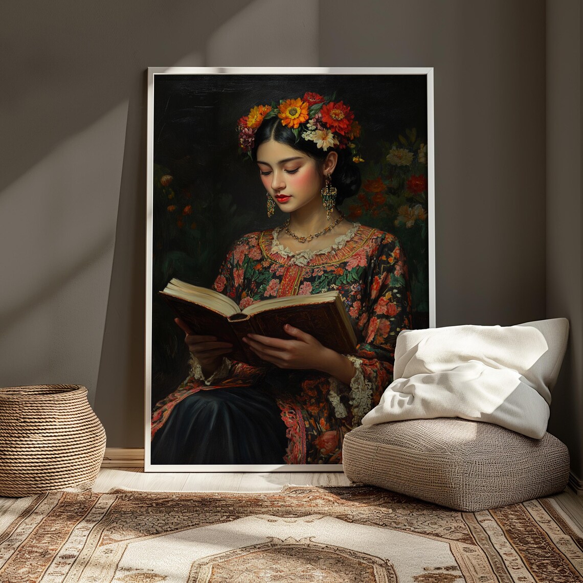 Woman Reading Book Floral Dress Flower Crown Dark Romantic Oil Poster - Image 3
