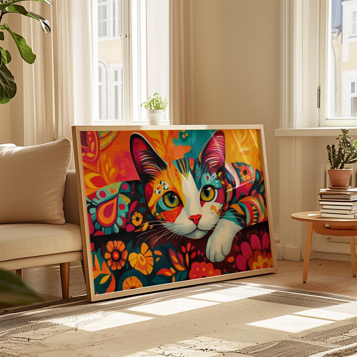 Calico Cat Reaching Paw Forward Dark Floral Orange Background Poster - Image 4