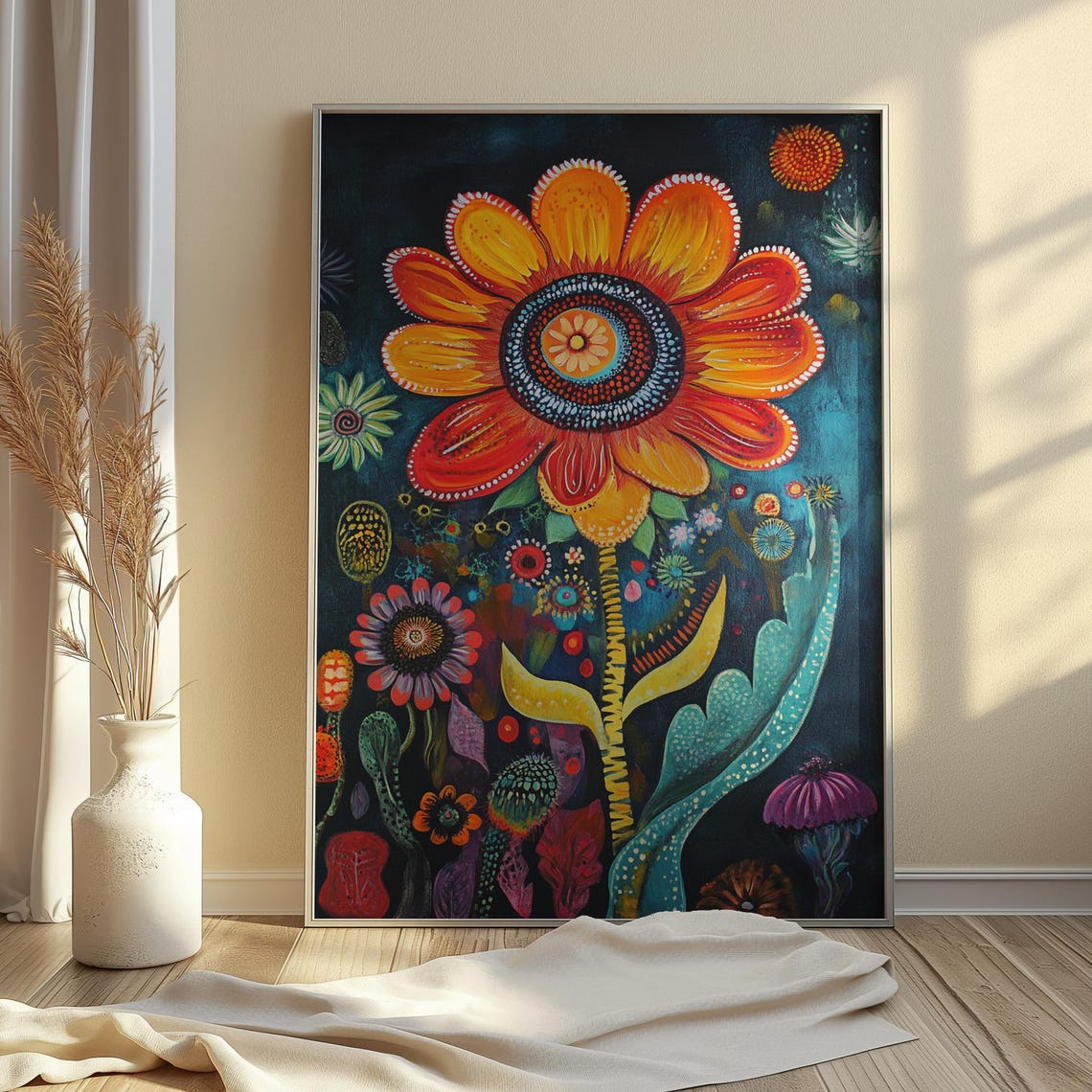 Fiery Fantasy Flower Night Garden Whimsical Floral Art Poster - Image 4