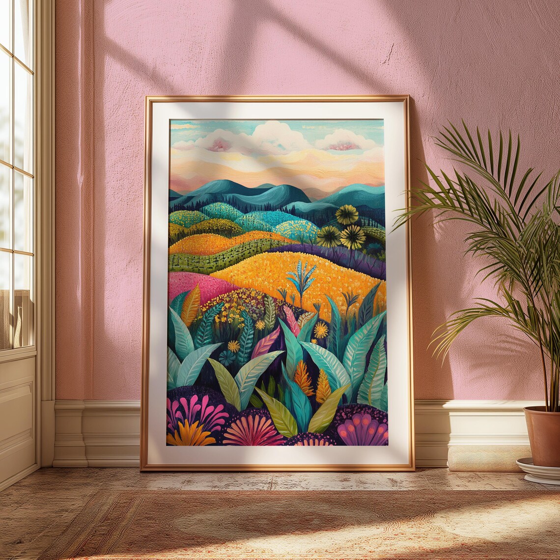 Quilted Rolling Hills Patchwork Meadows Teal Orange Folk Art Landscape Poster - Image 2