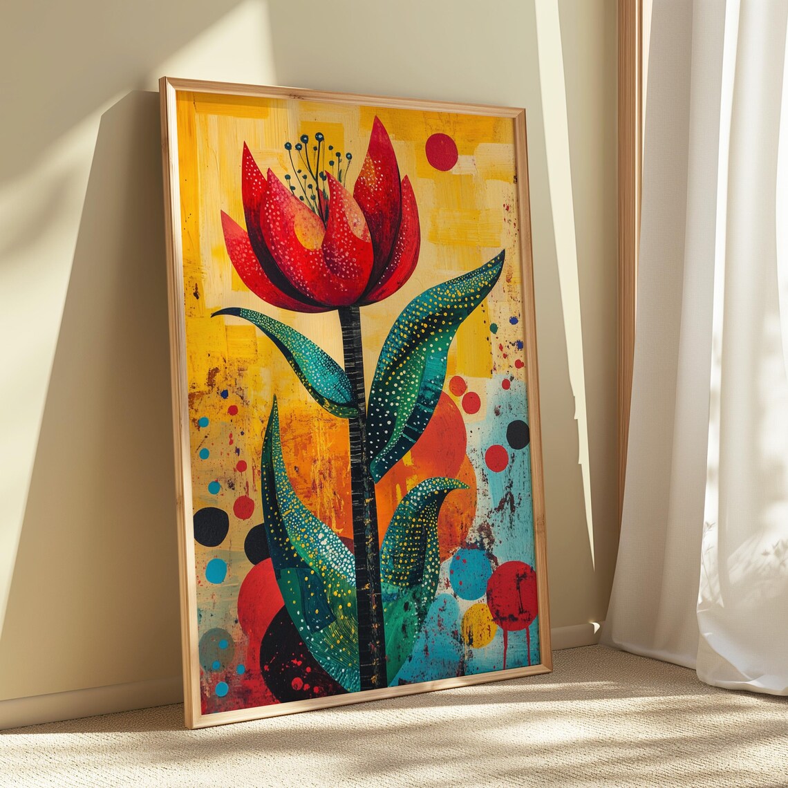 Red Tulip Spotted Petals Sunny Dots Folk Background Floral Art Poster - Image 5