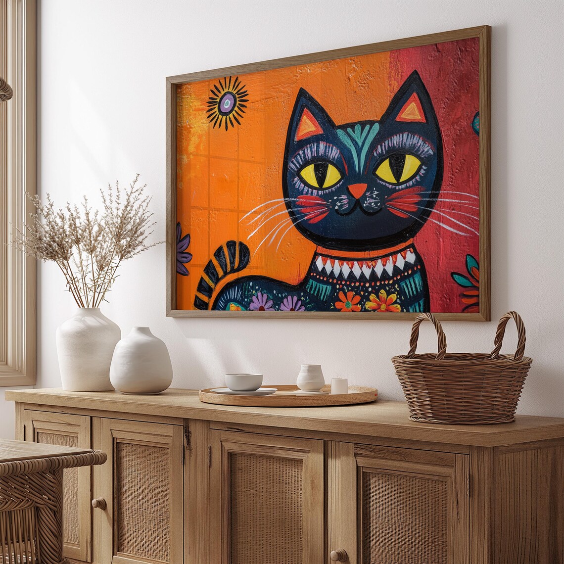 Bold Black Tribal Cat With Yellow Eyes Sun Motif Orange Poster