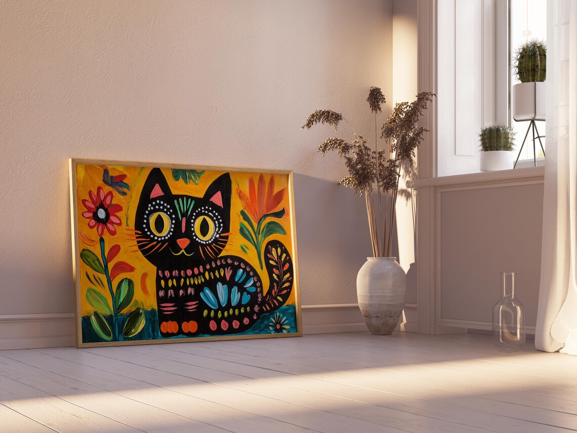 Naive Folk Art Black Cat in Flower Garden Yellow Sunset Cute Cat Poster - Image 2