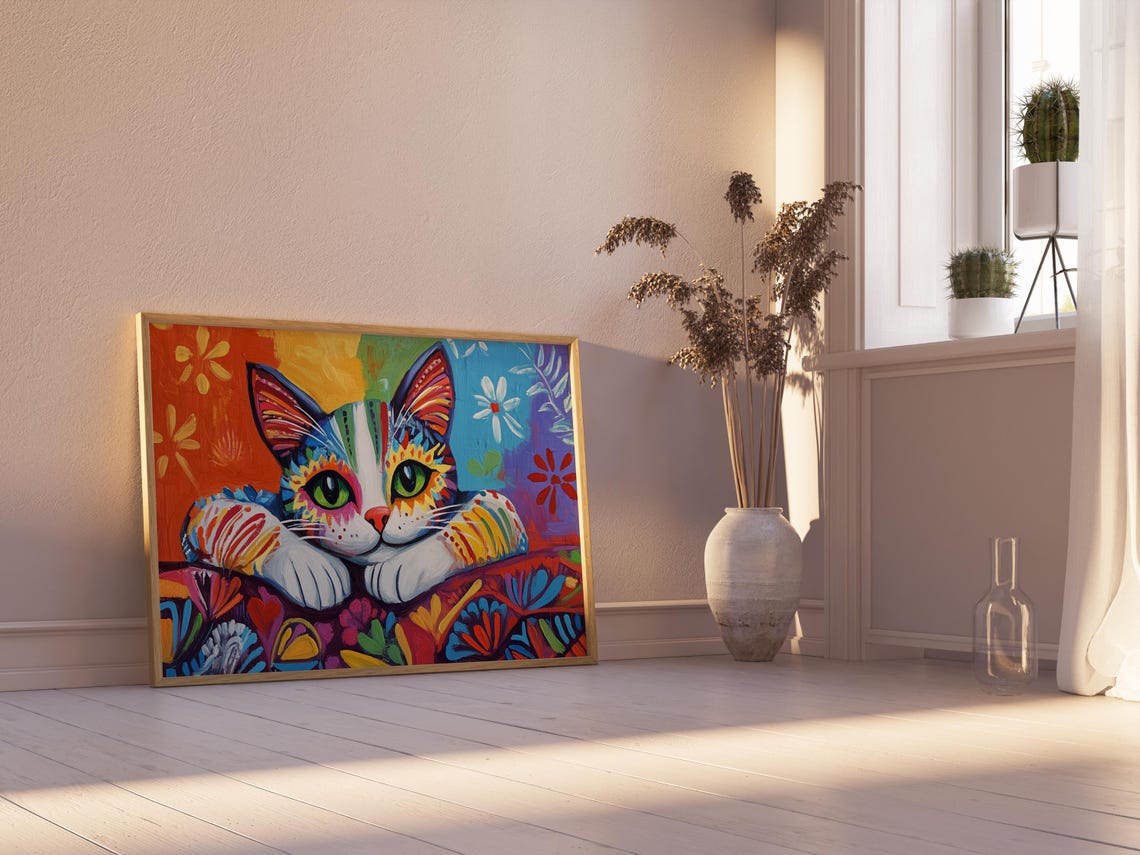 Rainbow Cat Resting Paws Floral Blanket Big Green Eyes Cute Cat Poster - Image 2