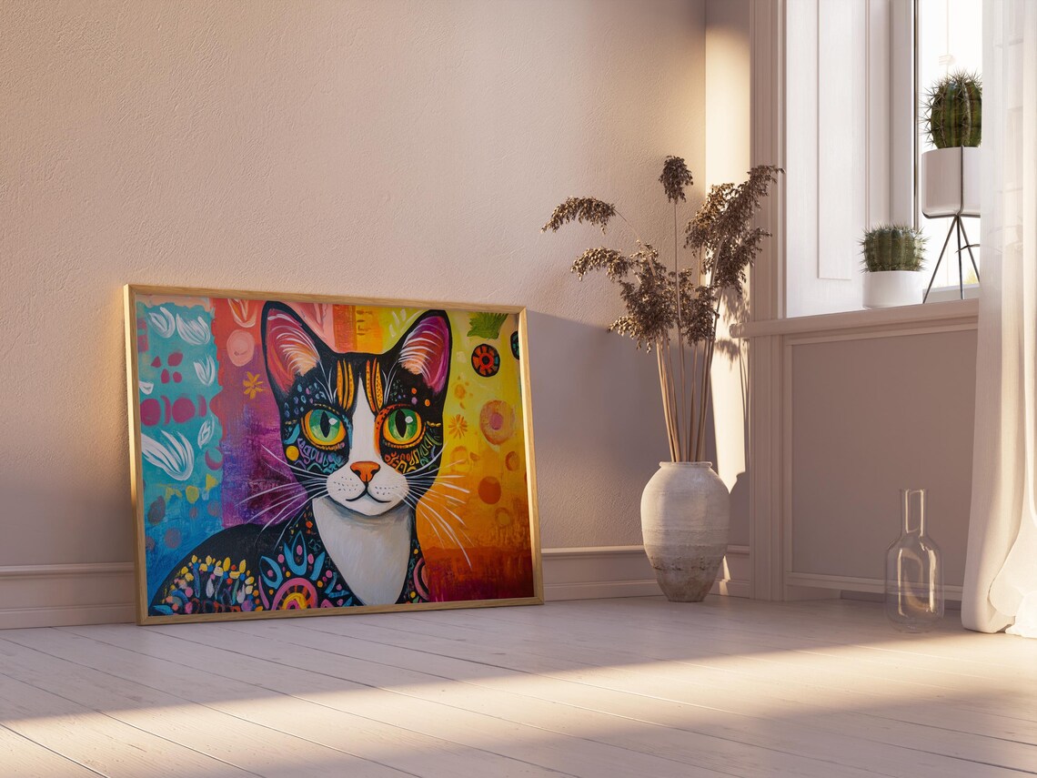 Tuxedo Cat Portrait Mandala Boho Decor Green Eyes Colorful Flower Poster - Image 2