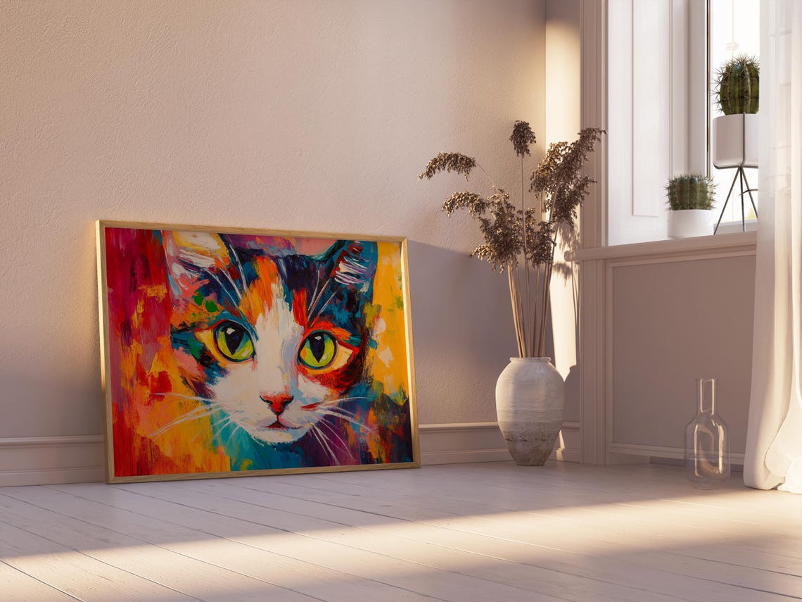 Painterly Cat Face Green Eyes Bold Red Orange Brushstroke Art Poster - Image 2