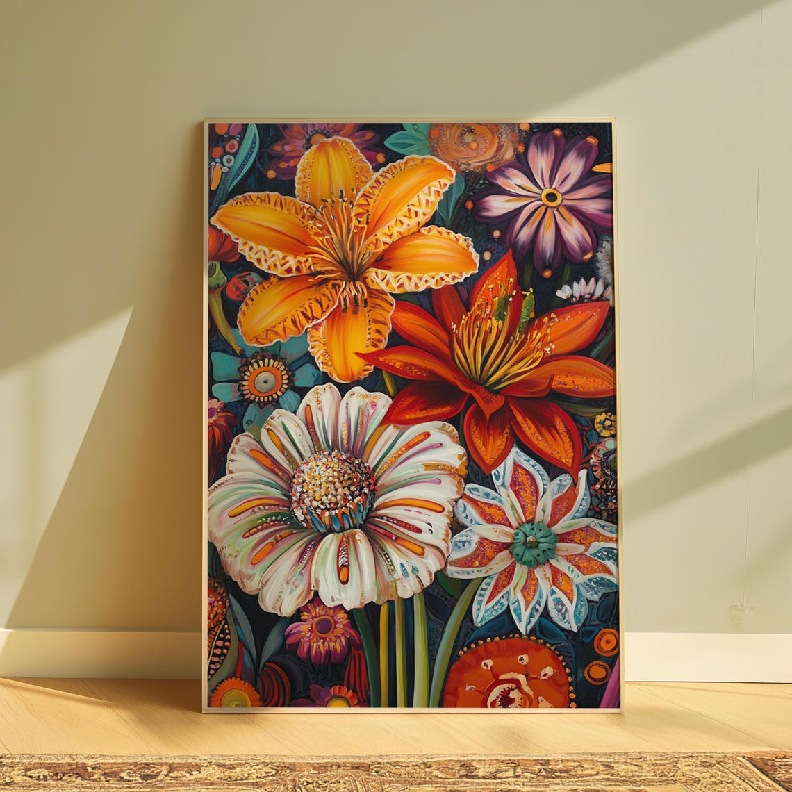 Fiery Lily Daisy Bouquet Orange Red White Floral Painting Poster