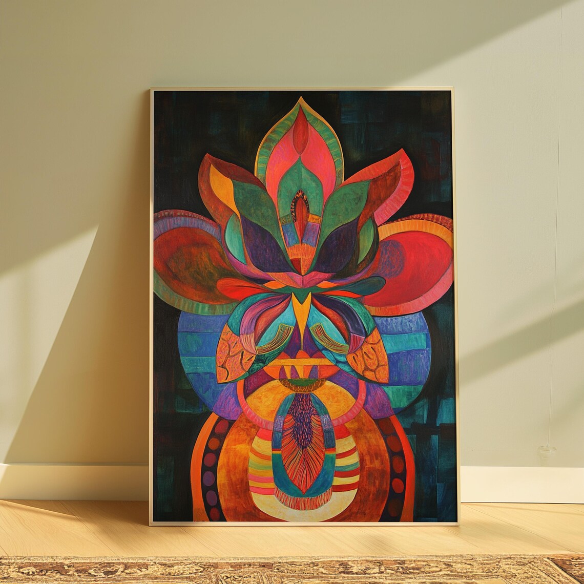 Symmetric Abstract Lotus Red Teal Orange Dark Garden Floral Poster