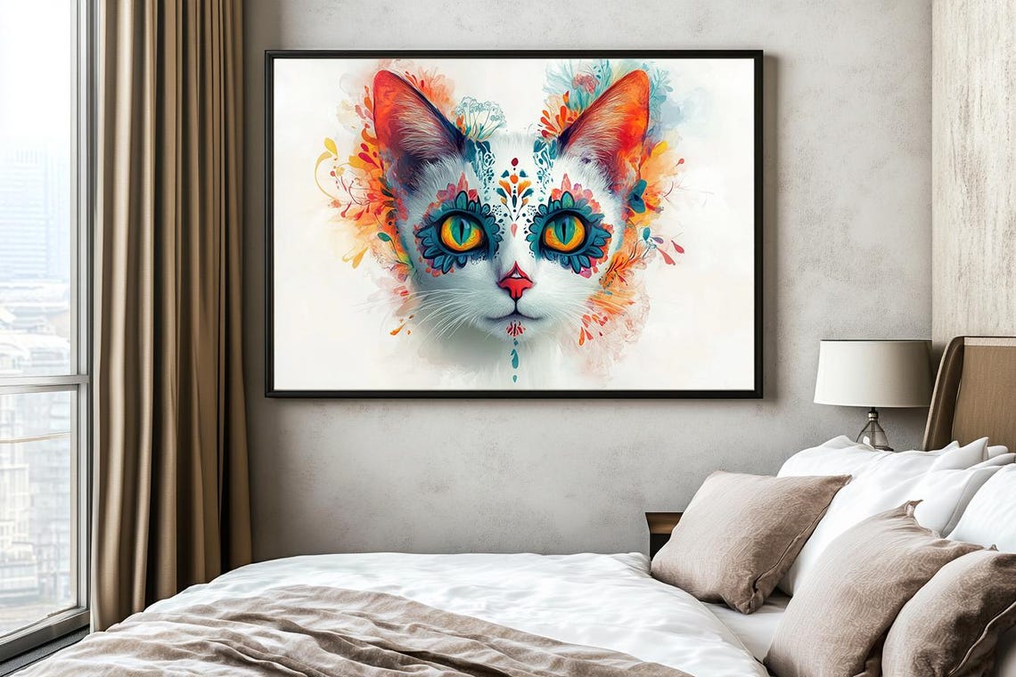 White Cat With Teal Orange Watercolor Splash Portrait Poster