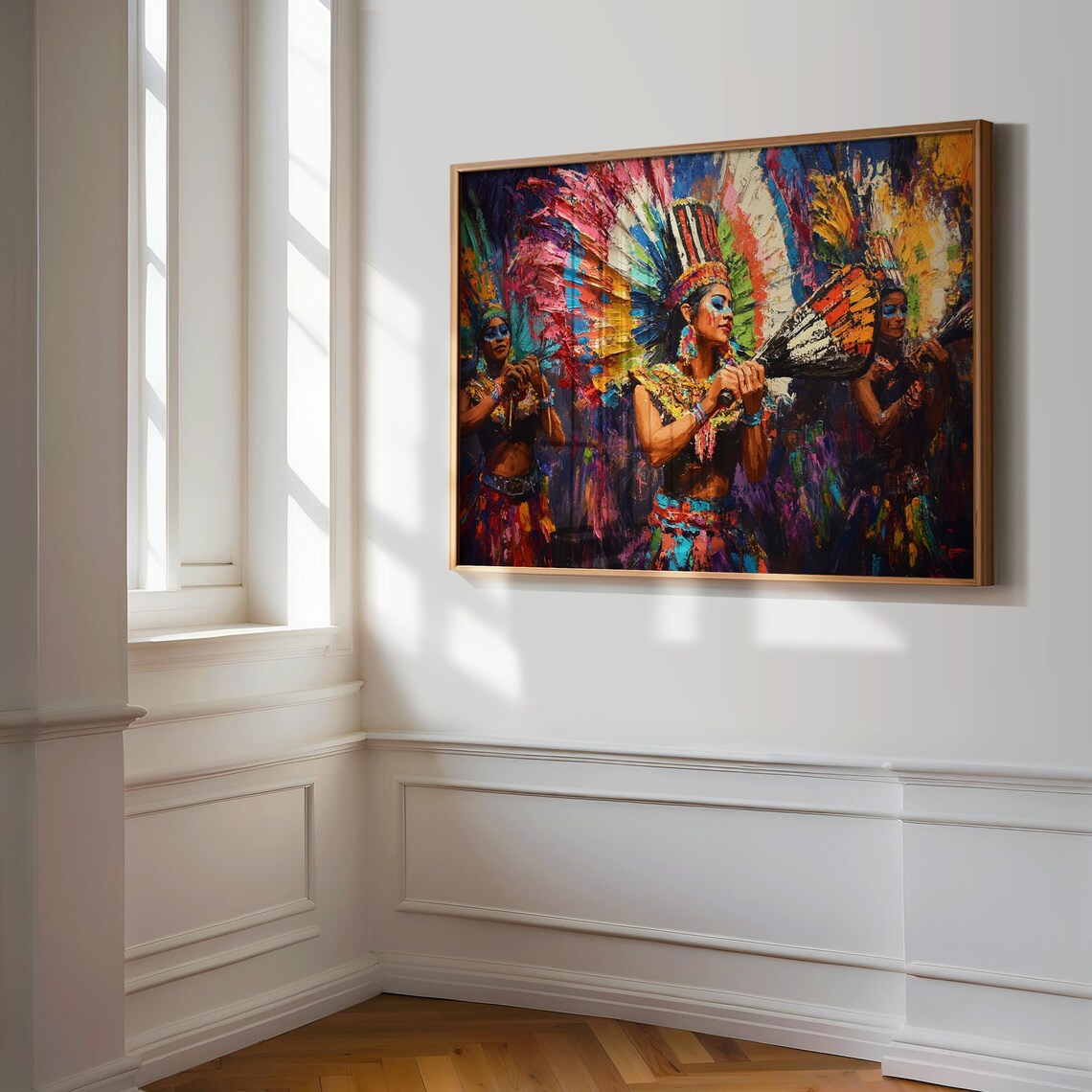 Mexican Festival Dancers Painting Feathered Headdresses Colorful Wall Art - Image 3