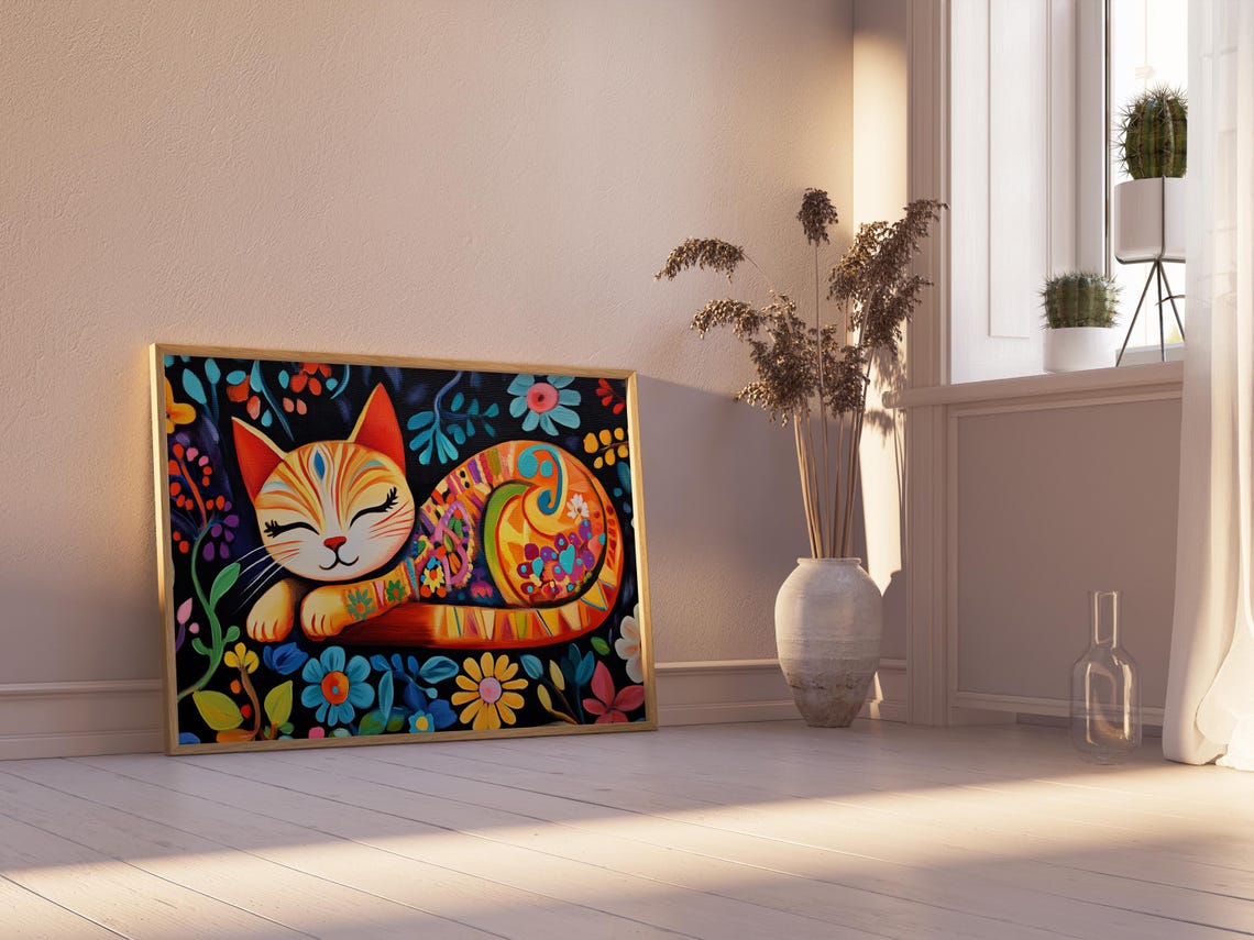 Ginger Cat Sleeping Floral Night Garden Patterned Coat Cozy Art Poster - Image 2