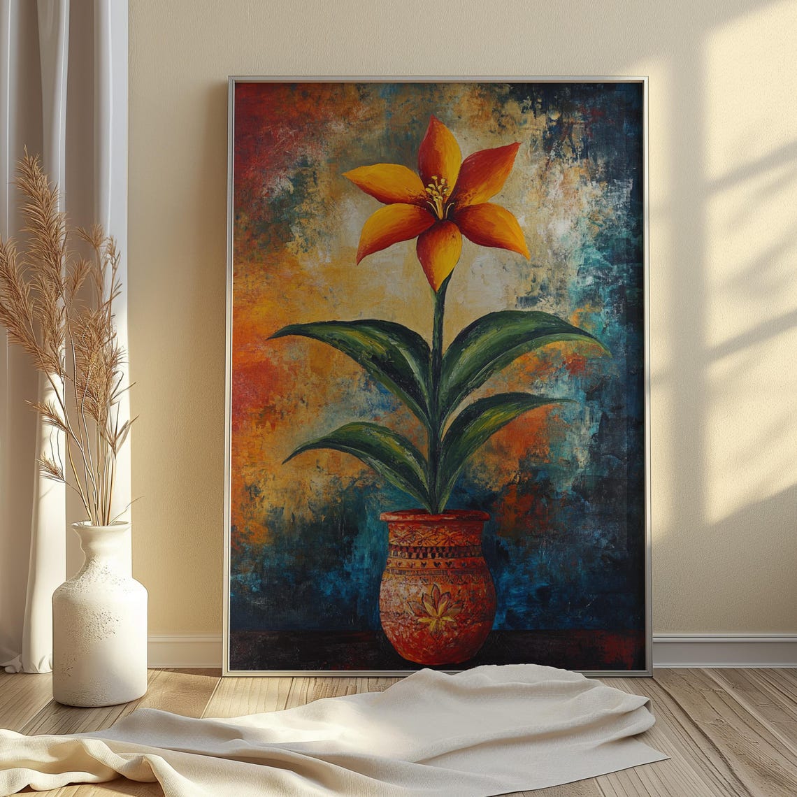 Orange Lily Terracotta Pot Rustic Folk Still Life Floral Poster - Image 4