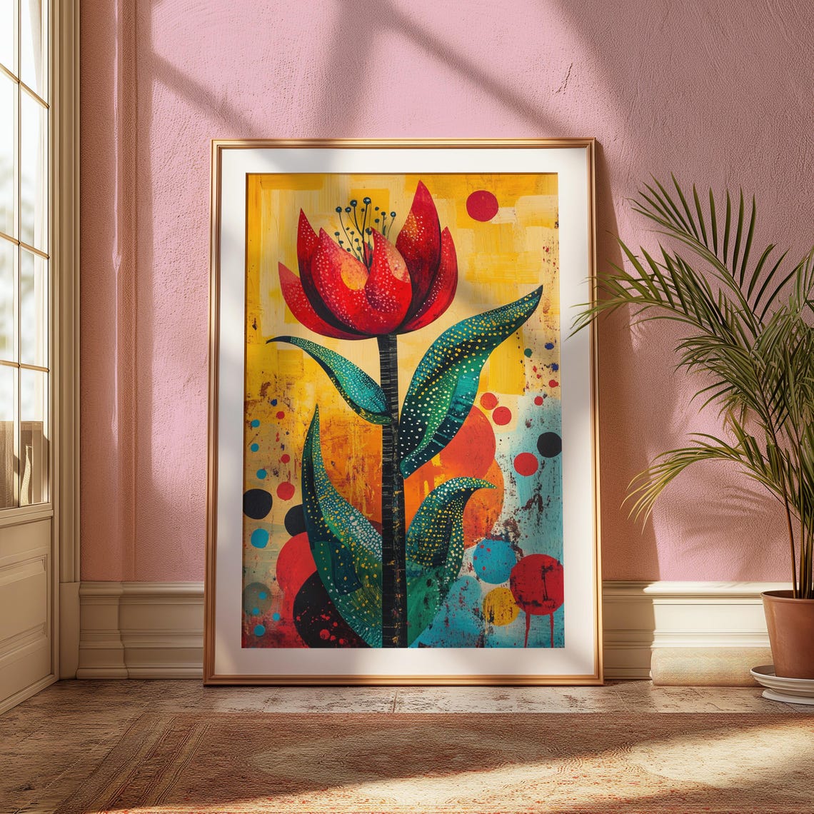 Red Tulip Spotted Petals Sunny Dots Folk Background Floral Art Poster - Image 2