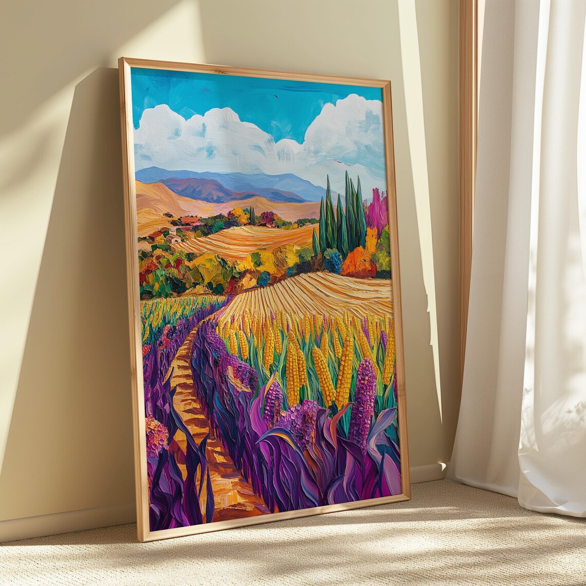 Golden Corn Field Purple Stalks Cypress Trees Rolling Hills Sunny Landscape Poster - Image 5