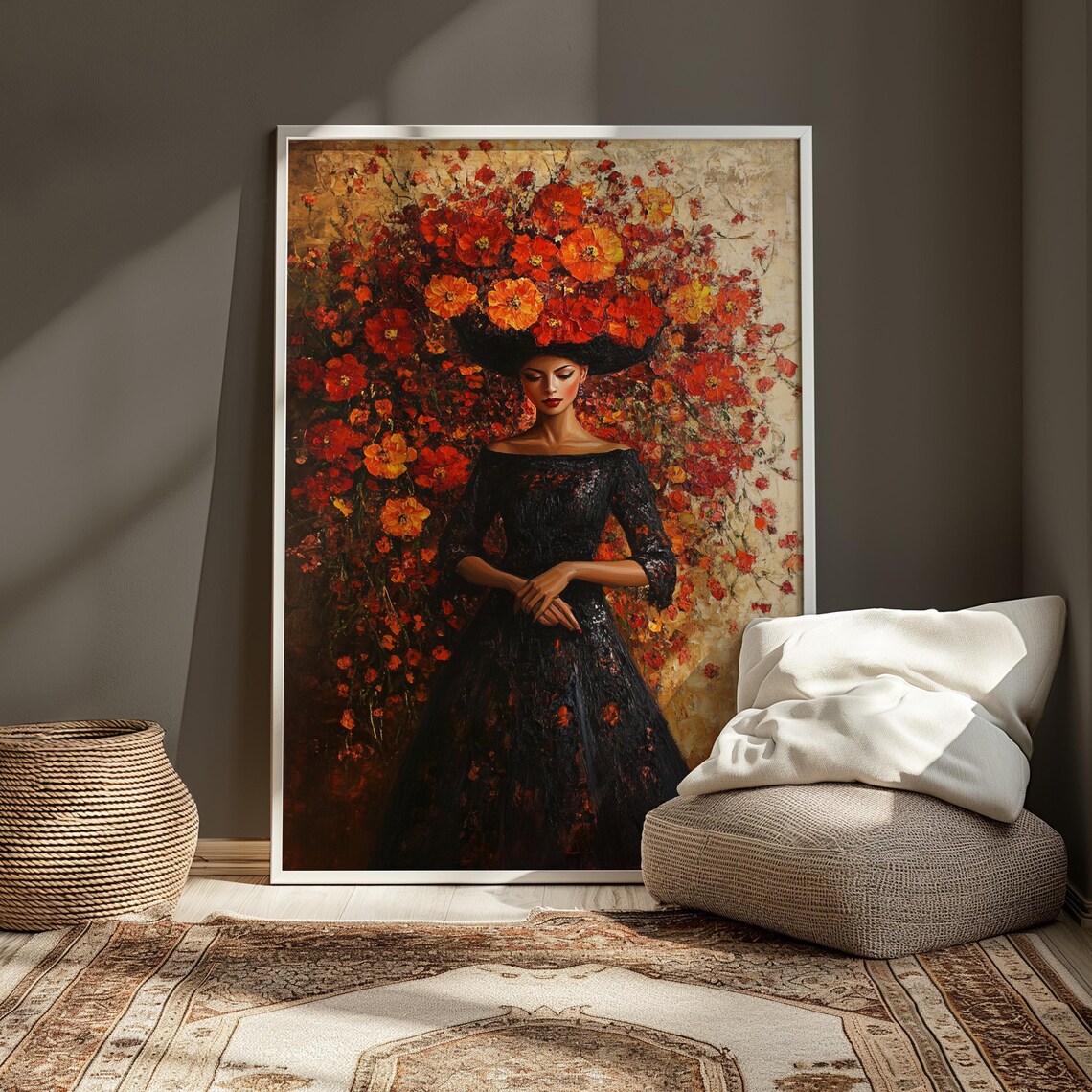 Elegant Woman Black Dress Marigold Headdress Oil Painting Floral Poster - Image 3