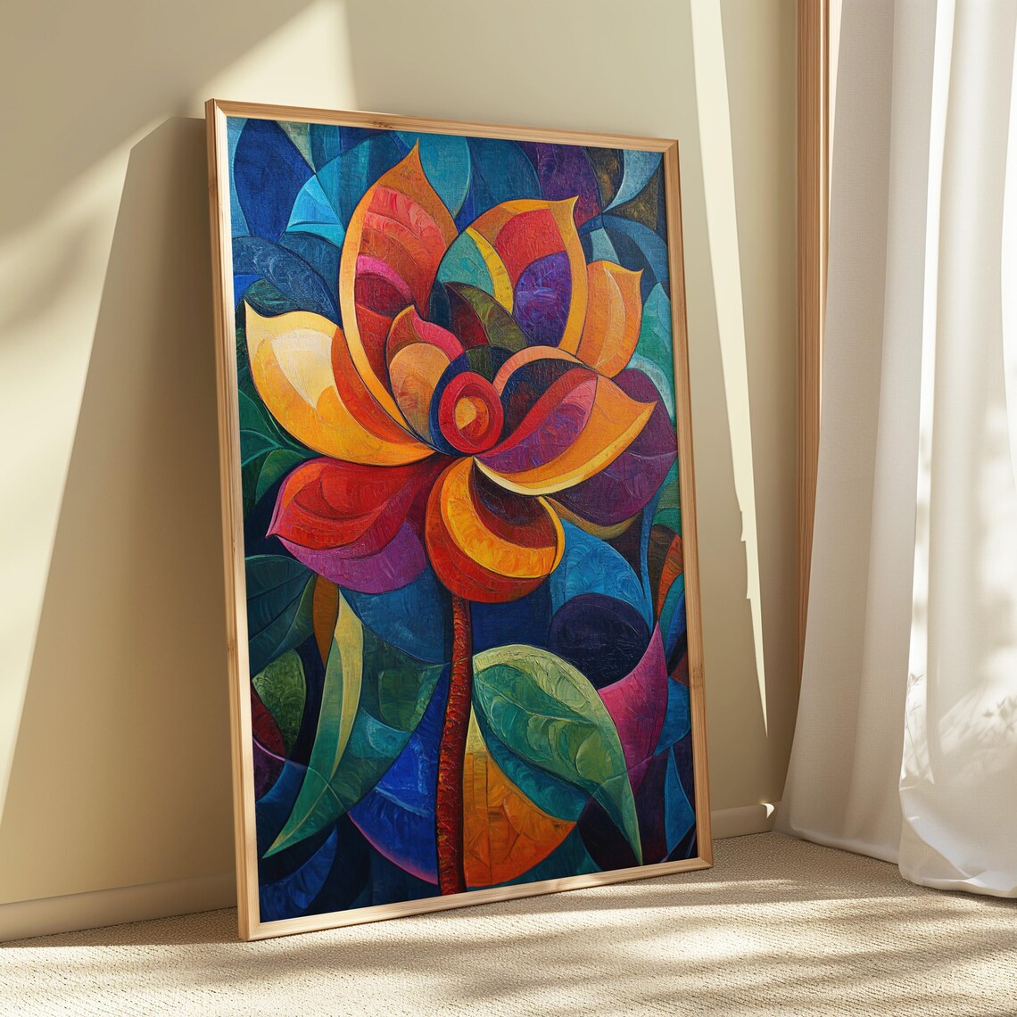 Sunset Dahlia Dark Blue Leaves Stained Glass Floral Art Poster - Image 5