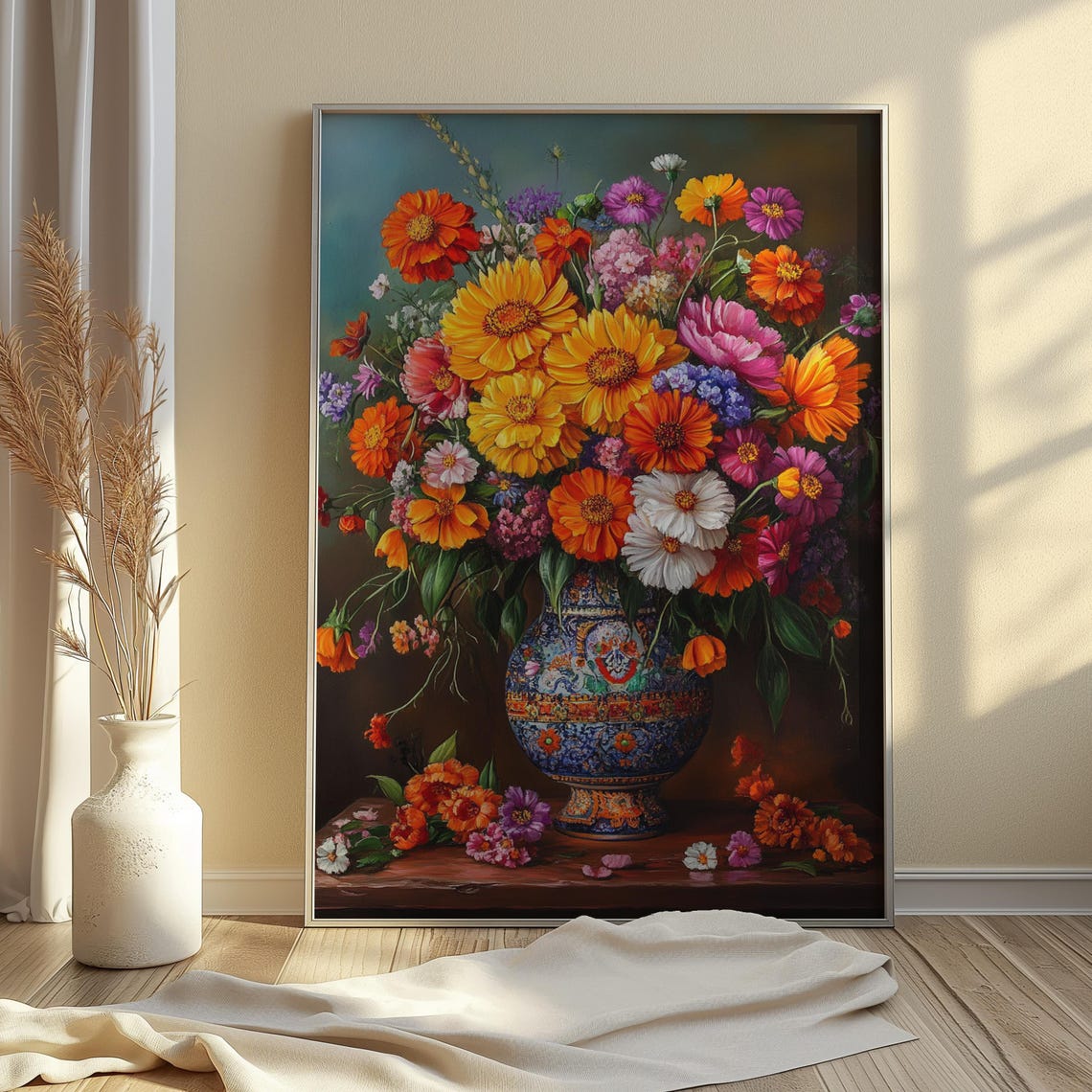 Mexican Folk Art Overflowing Zinnia Bouquet In Ornate Blue Vase Print - Image 4