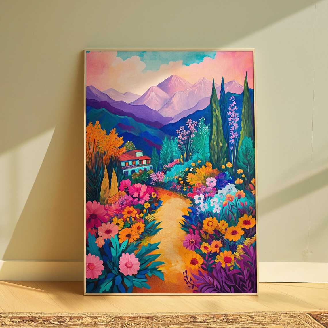 Flower Filled Valley Villa Purple Mountains Colorful Garden Landscape Poster