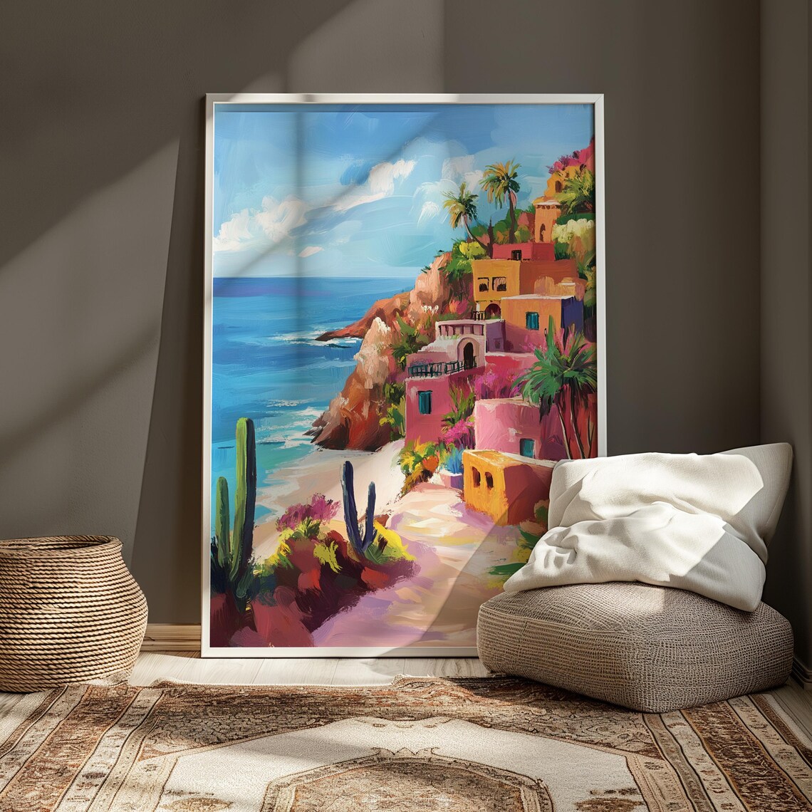 Colorful Coastal Cliff Village Pastel Houses Beach Blue Sea Cacti Poster - Image 3