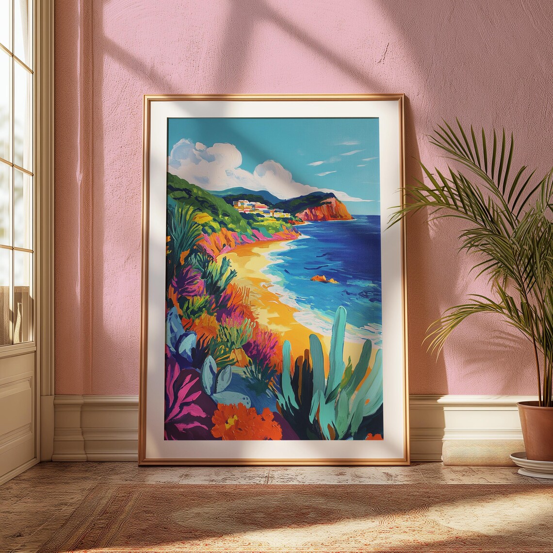 Colorful Coastal Beach Golden Sand Blue Sea Green Hills Cliff View Landscape Poster - Image 2