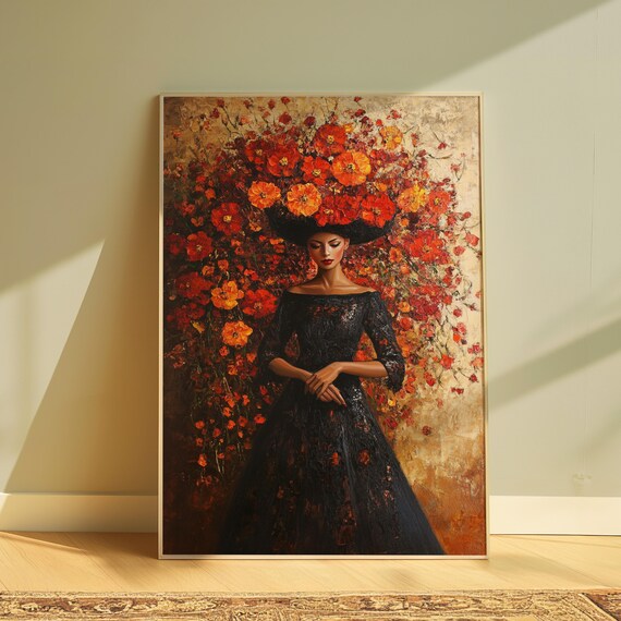 Elegant Woman Black Dress Marigold Headdress Oil Painting Floral Poster