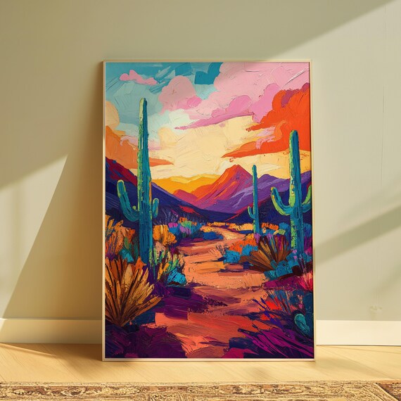 Desert Trail Sunset Saguaro Cacti Dramatic Clouds Southwest Landscape Poster