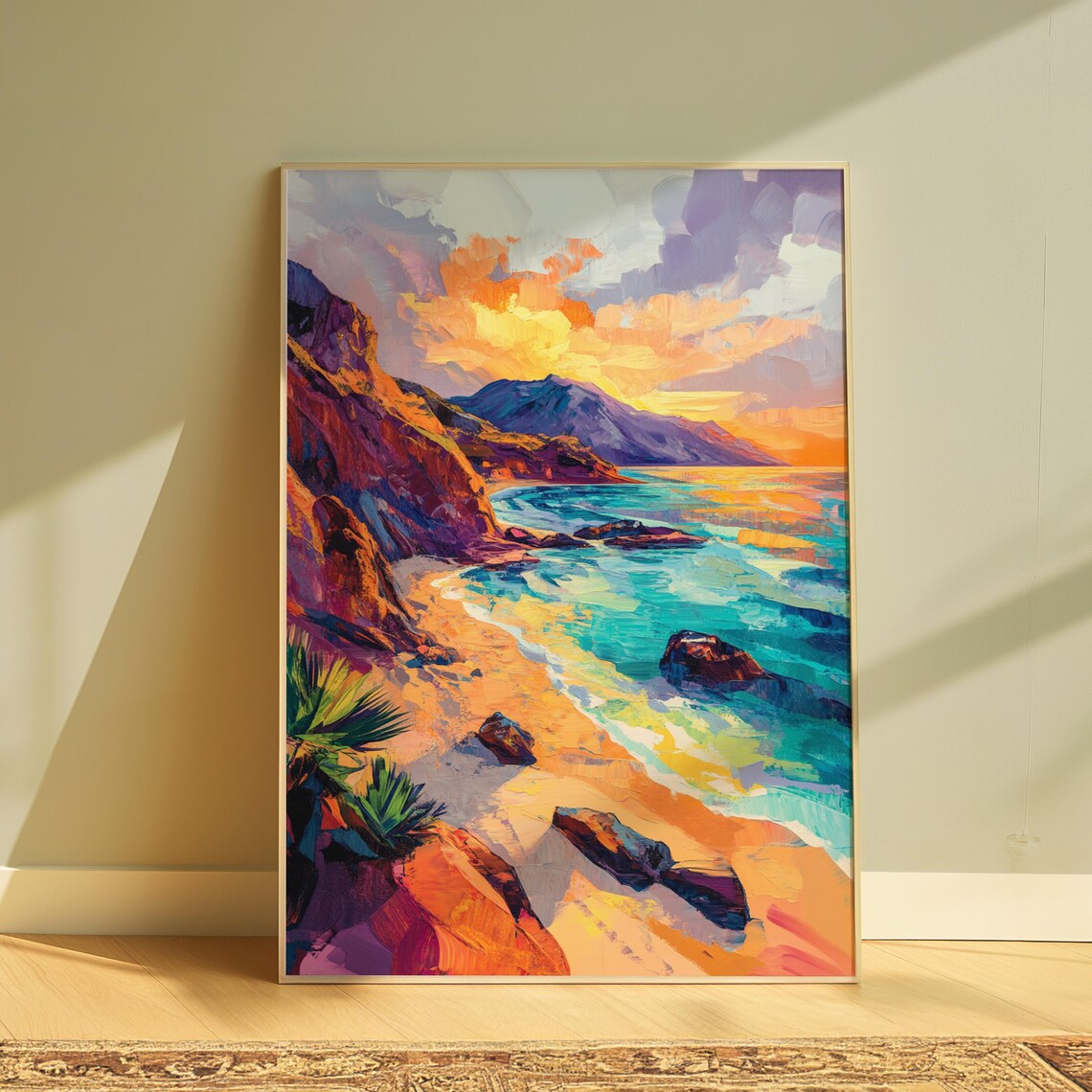 Rocky Cove Beach Agave Turquoise Sea Sunset Golden Art Print