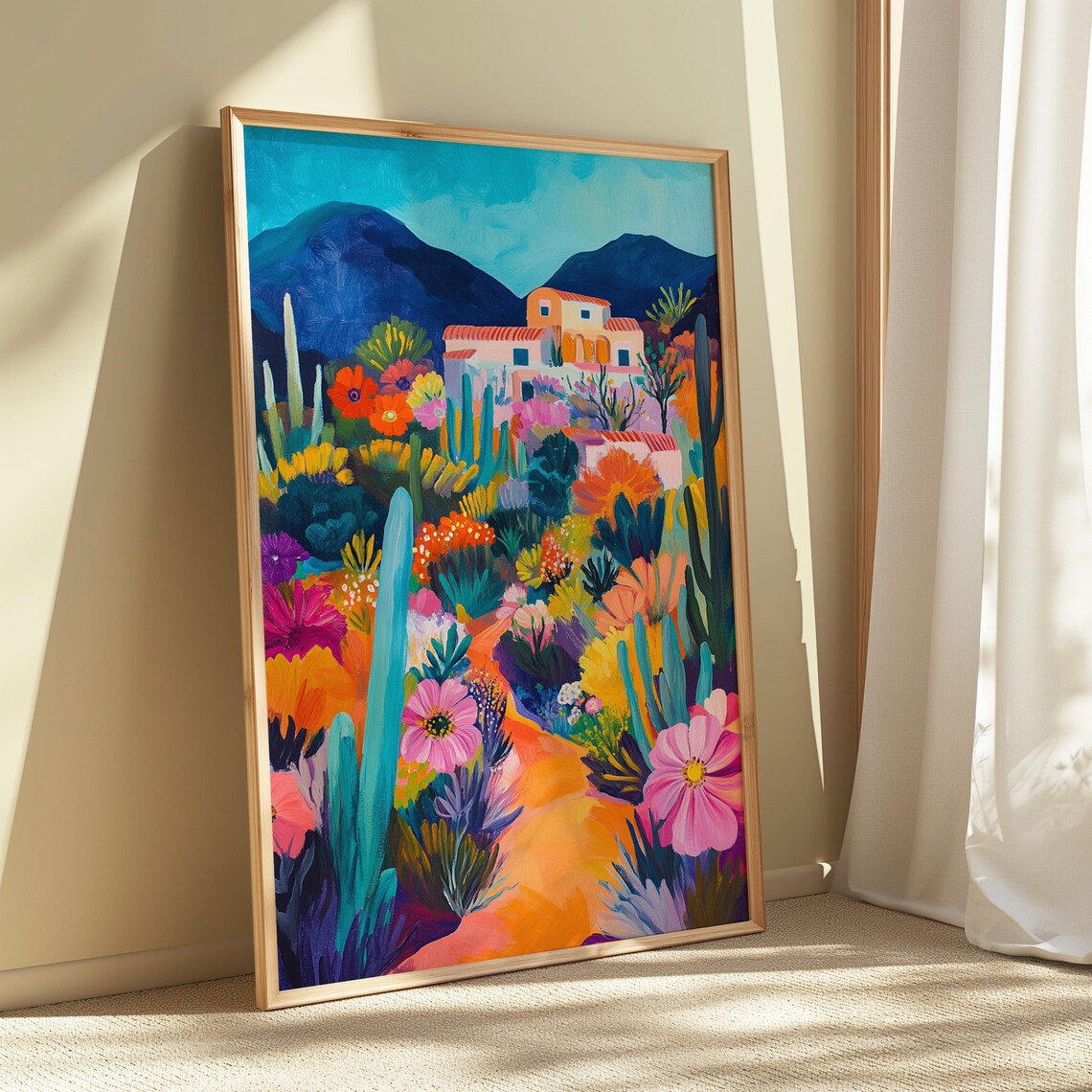 Desert Village Saguaro Cacti Pink Flowers Blue Mountain Art Print - Image 5