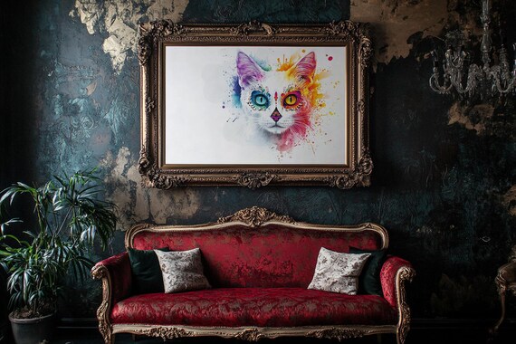 Sugar Skull Cat Rainbow Watercolor Day of the Dead Split Eye Poster