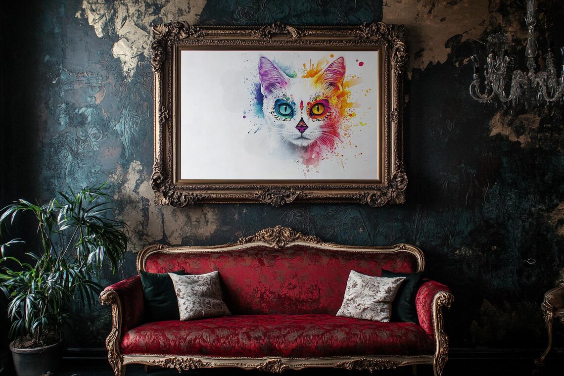 Sugar Skull Cat Rainbow Watercolor Day of the Dead Split Eye Poster