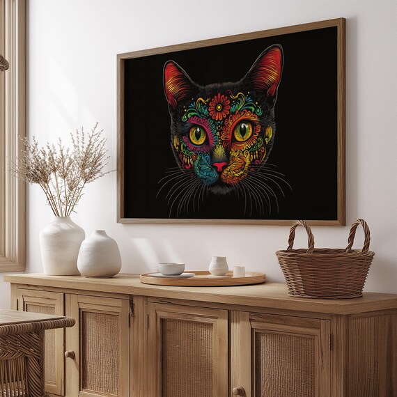 Day of the Dead Cat Sugar Skull Floral Intricate Colorful Wall Art