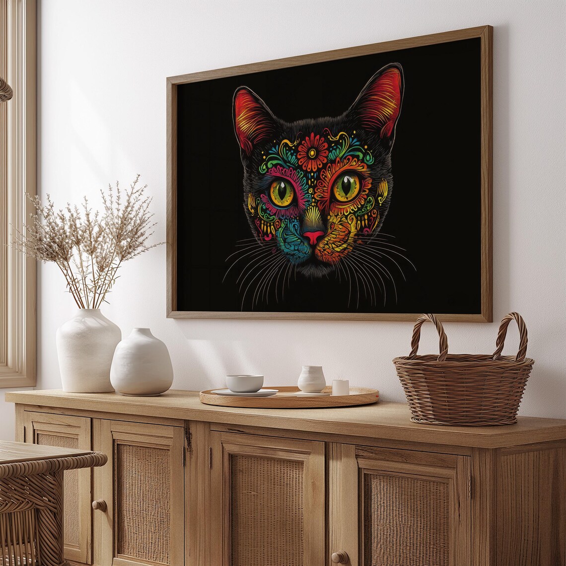 Day of the Dead Cat Sugar Skull Floral Intricate Colorful Wall Art