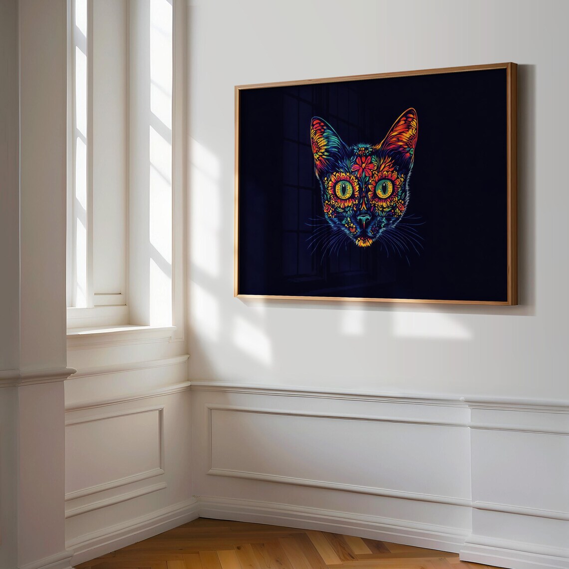 Intricate Neon Black Cat Face Green Eyes Glowing Whiskers Day Dead Wall Art - Image 3