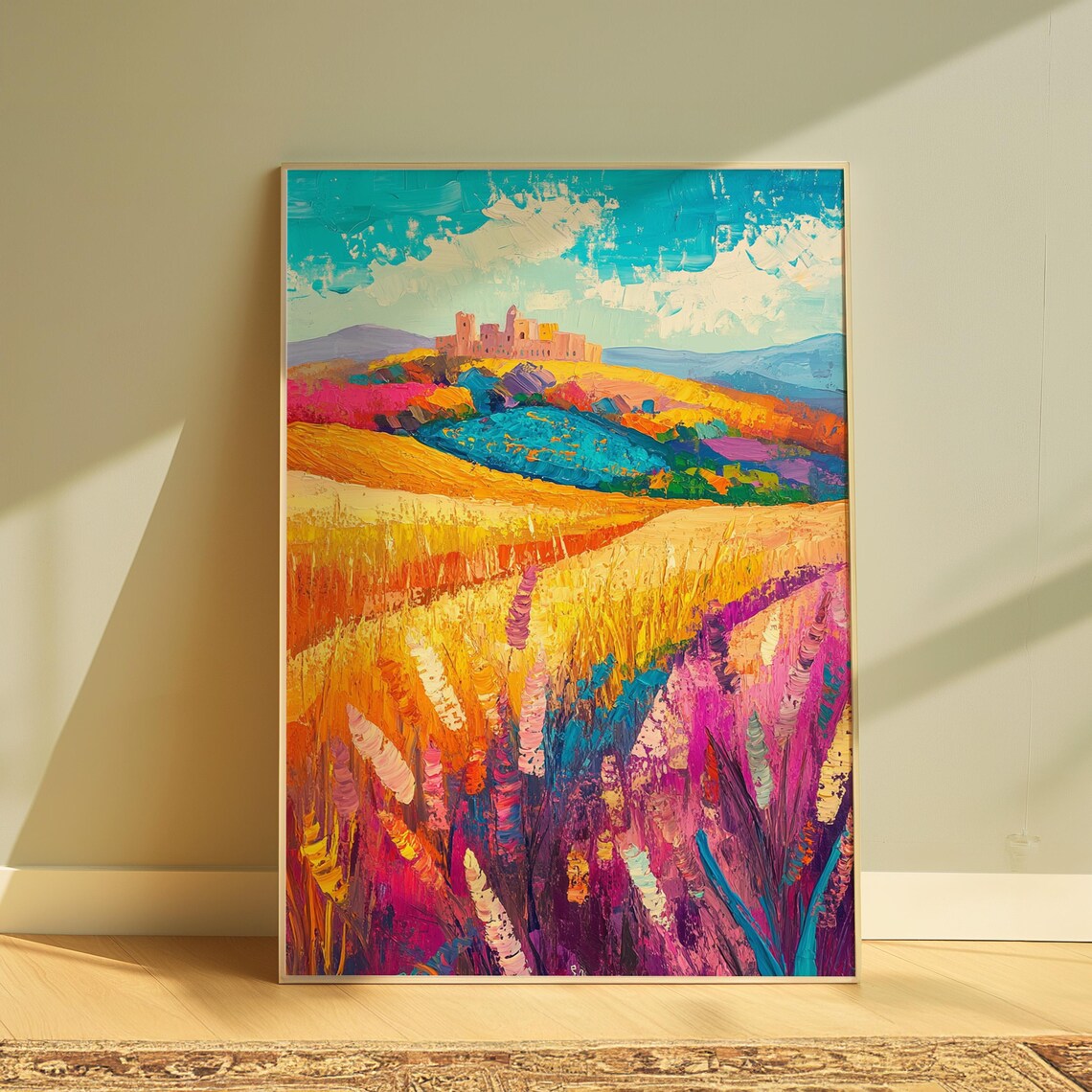Golden Wheat Fields Pink Blooms Distant Mission Hill Turquoise Sky Landscape Poster