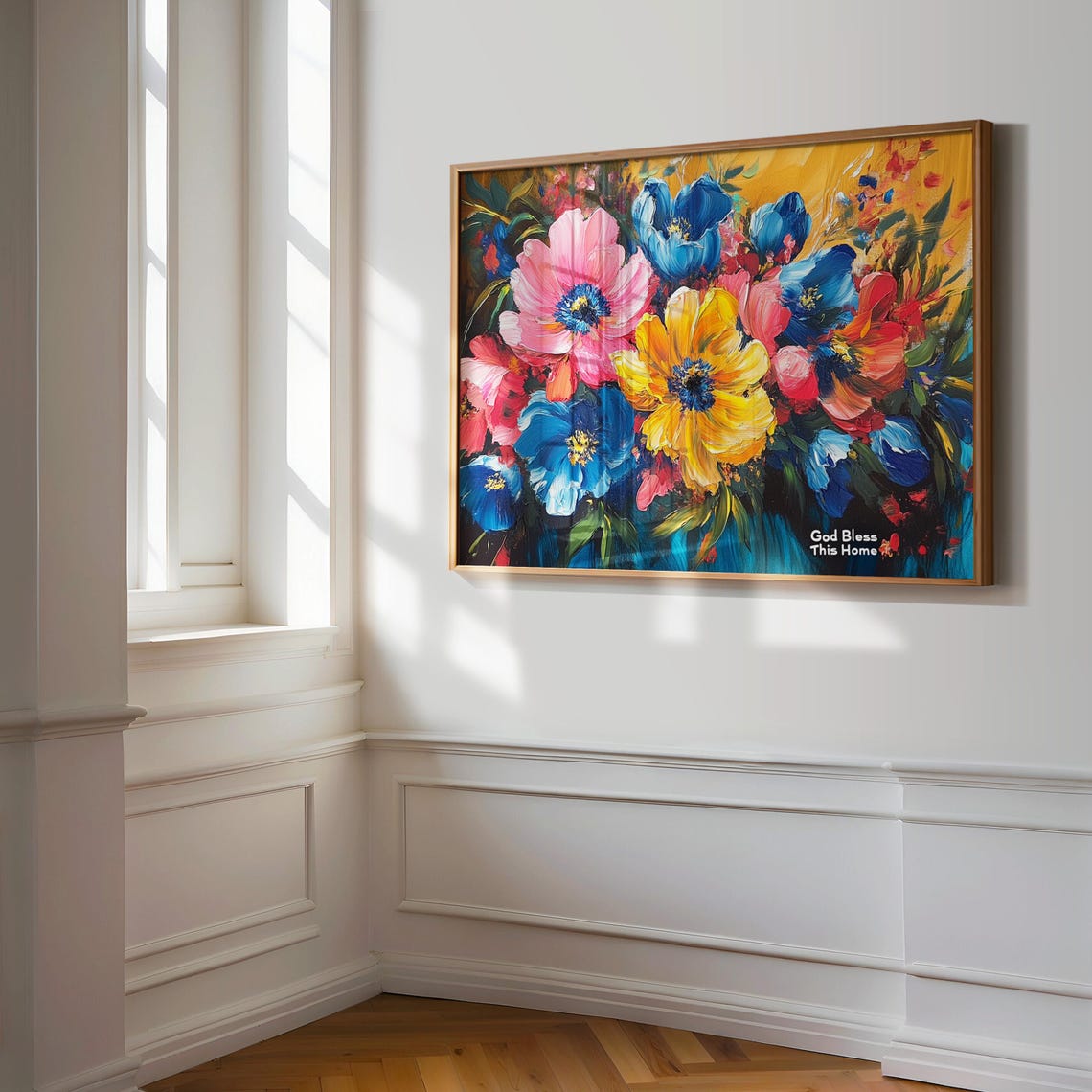 God Bless This Home Vibrant Bold Blossom Gold Blue Floral Poster - Image 3