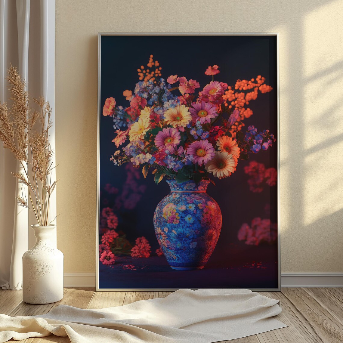 Glowing Pastel Wildflower Bouquet Blue Floral Vase Dark Moody Poster - Image 3