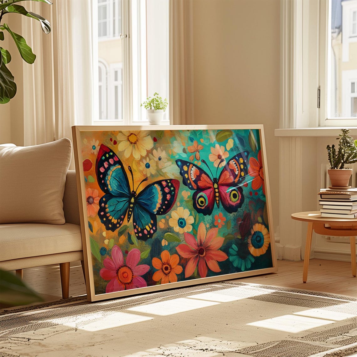 Blue And Pink Butterflies With Eye Spots Colorful Flowers Poster - Image 4