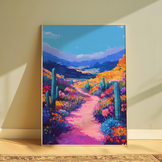 Pink Desert Trail Teal Cacti Wildflower Bloom Golden Hills Mountain Vista Poster