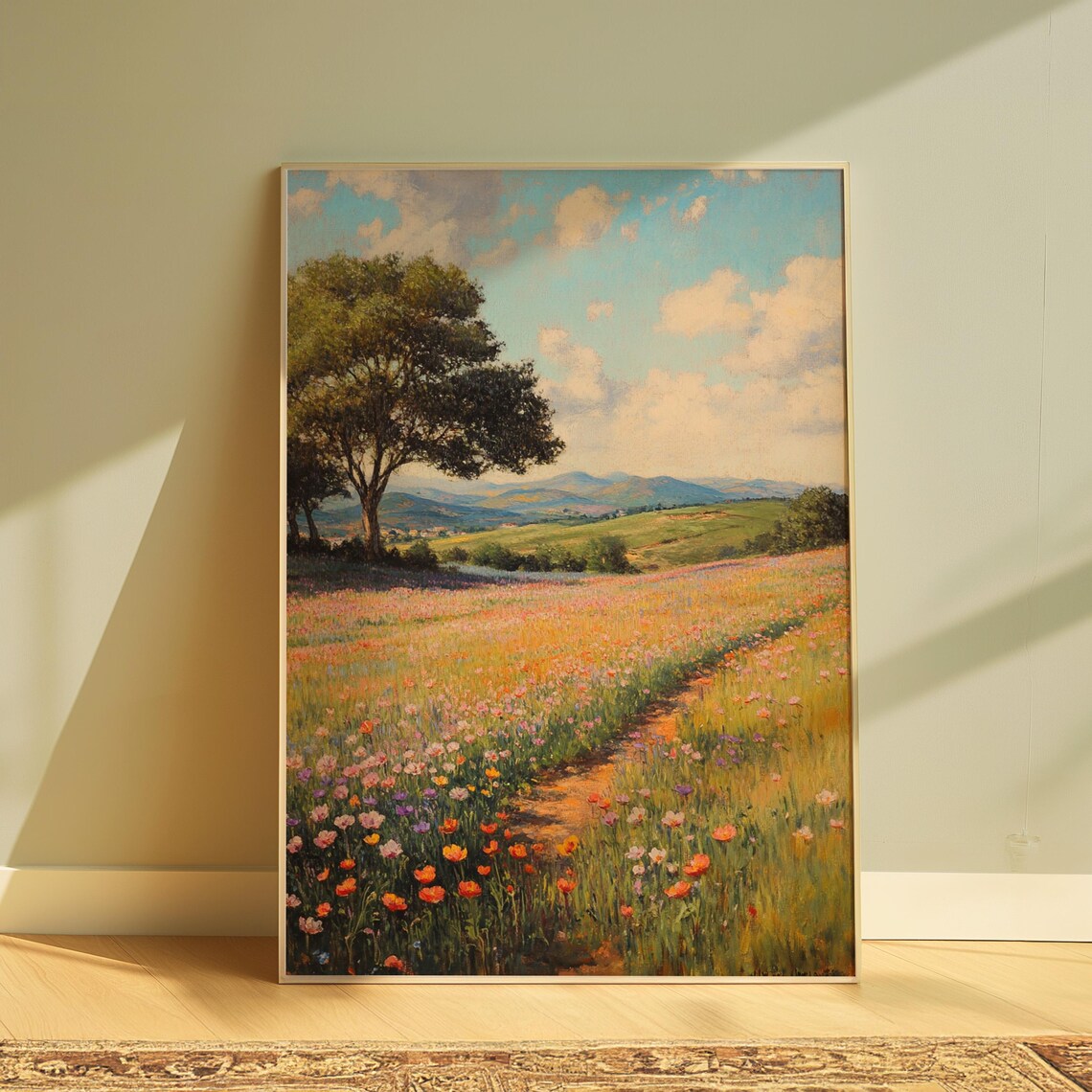 Wildflower Meadow Winding Path Big Tree Rolling Hills Pastel Art Poster