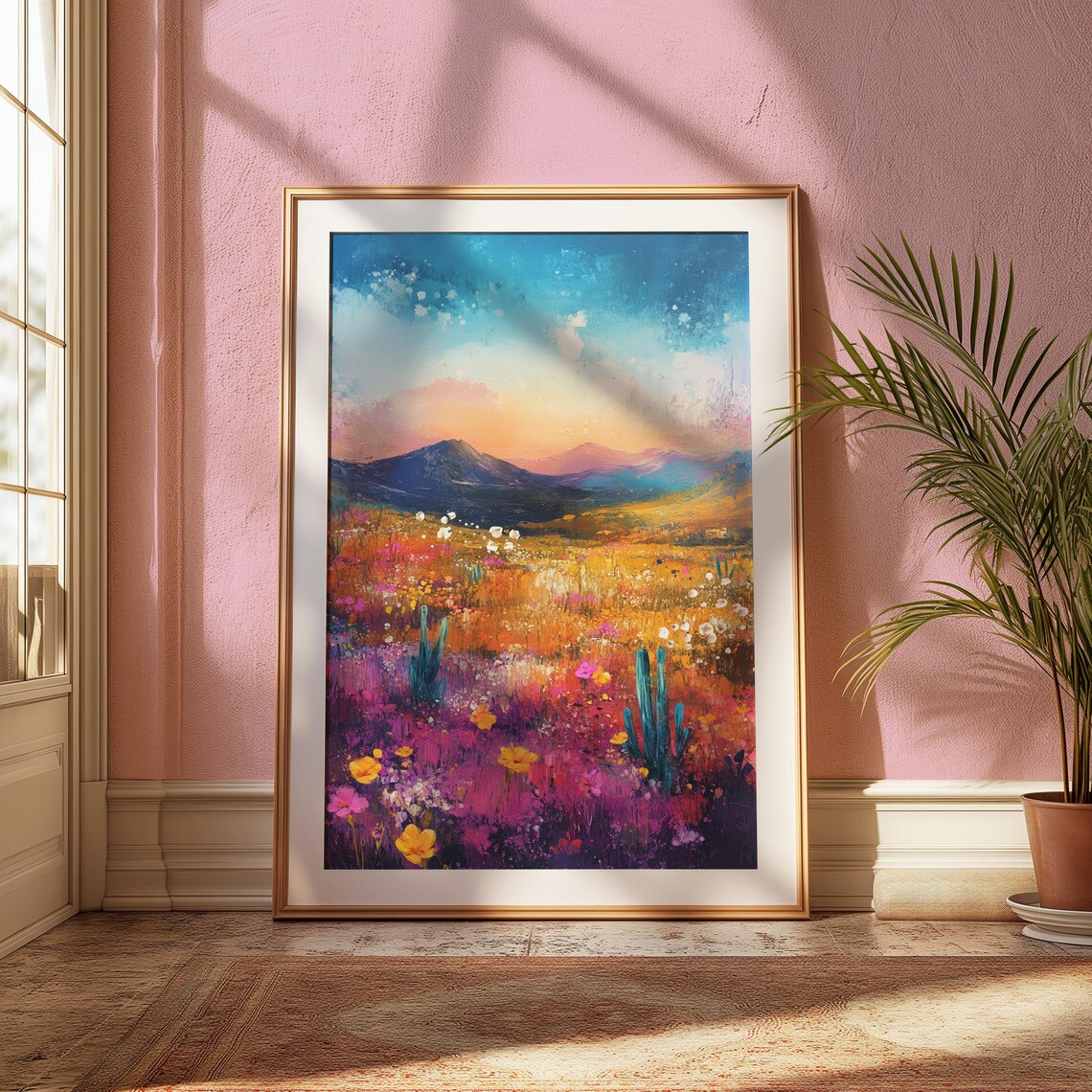 Desert Wildflower Meadow Cacti Mountain Dusk Colorful Art Print - Image 2