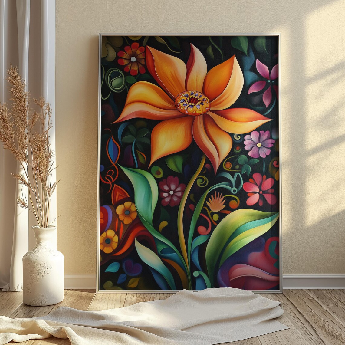 Giant Orange Star Bloom Night Garden Teal Enchanted Floral Poster - Image 4