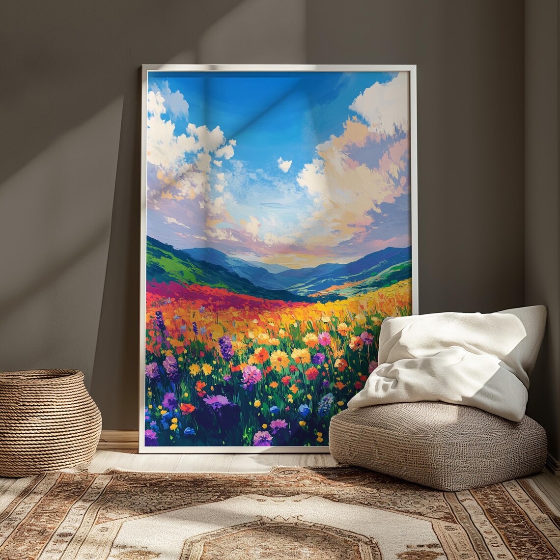 Rainbow Wildflower Meadow Blue Mountains Cloudy Sky Panoramic Landscape Poster - Image 3