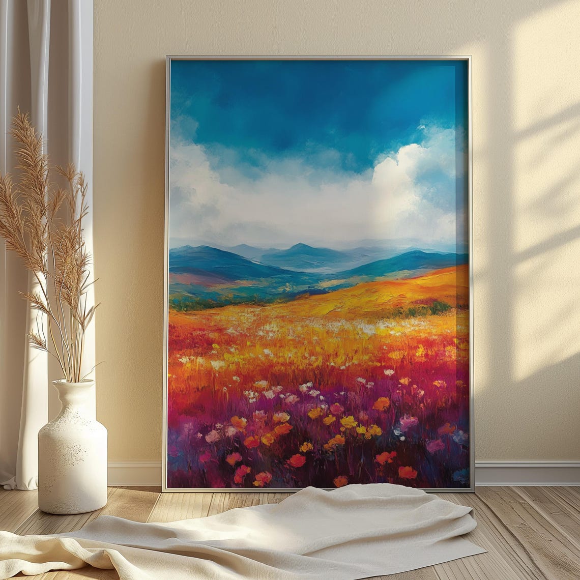 Golden Prairie Wildflower Field Blue Mountain Impressionist Print - Image 4