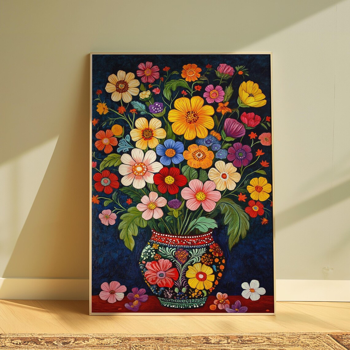Folk Cosmos Daisy Bouquet Colorful Painted Pot Deep Blue Wall Art