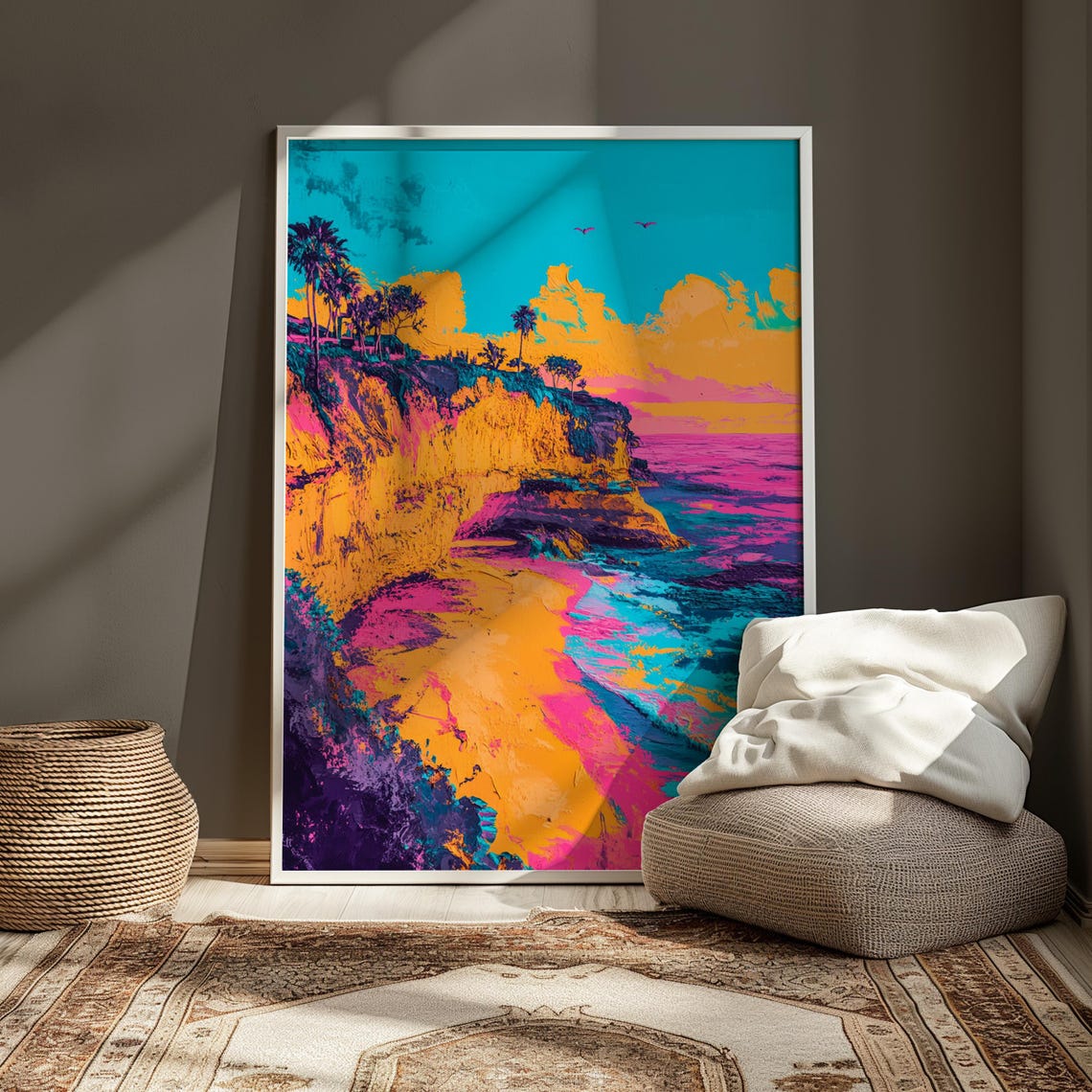Colorful Tropical Ocean Cliff Palm Trees Sunset Pop Art Beach Poster - Image 3