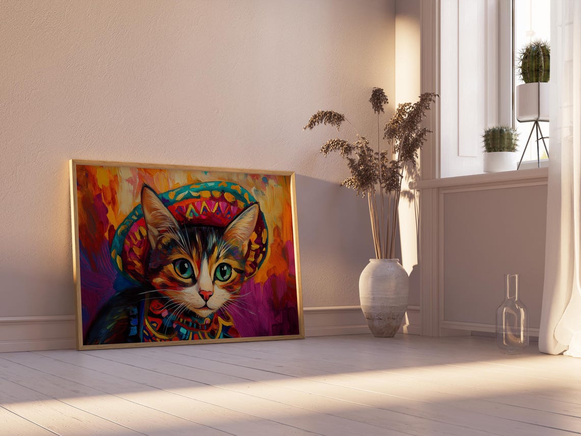 Tabby Kitten in Sombrero Green Eyes Mexican Fiesta Colorful Cat Poster - Image 2