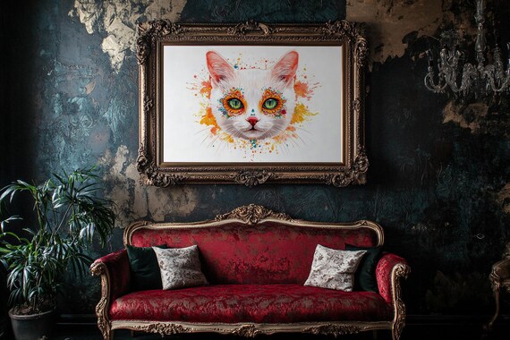 White Cat Day of the Dead Watercolor Splash Colorful Eye Art Poster