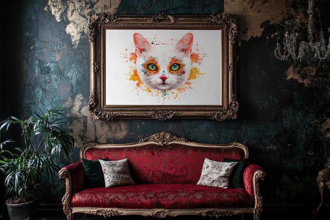 White Cat Day of the Dead Watercolor Splash Colorful Eye Art Poster